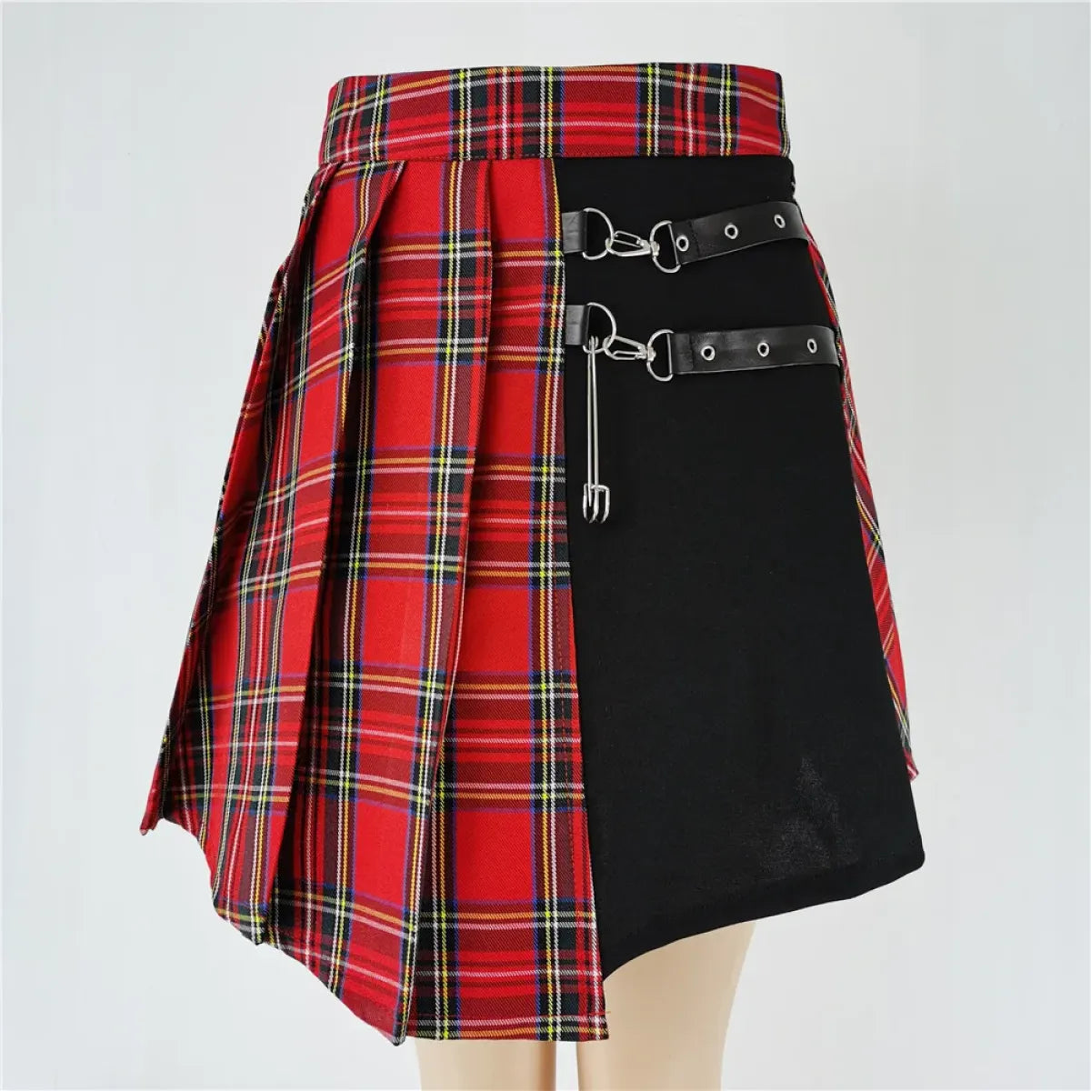 Plaid Gothic Pleated Mini Skirt – Punk Chains & Buckle Accent