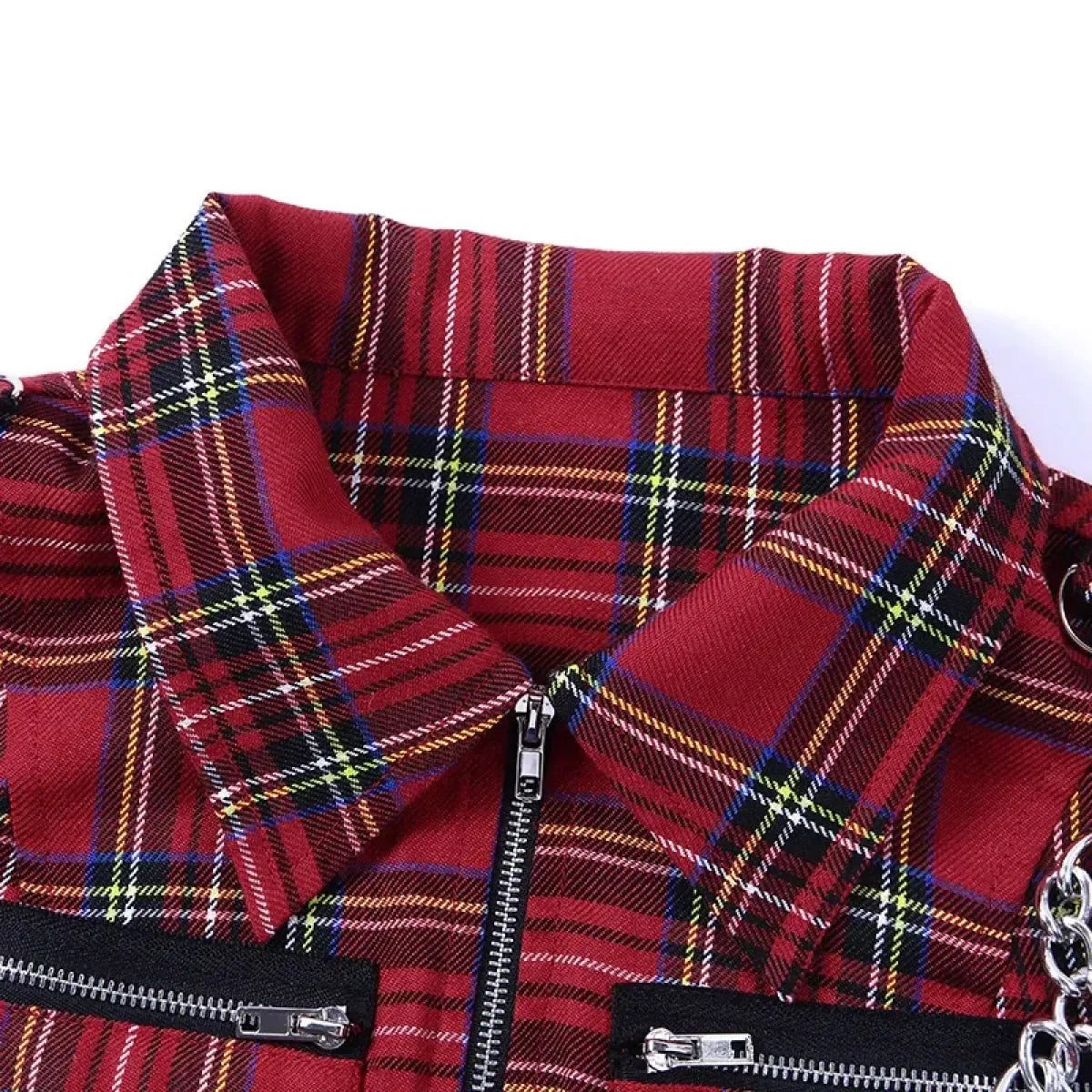 Plaid Punk Zipper Crop Top – Gothic Streetwear Chain Vest Top
