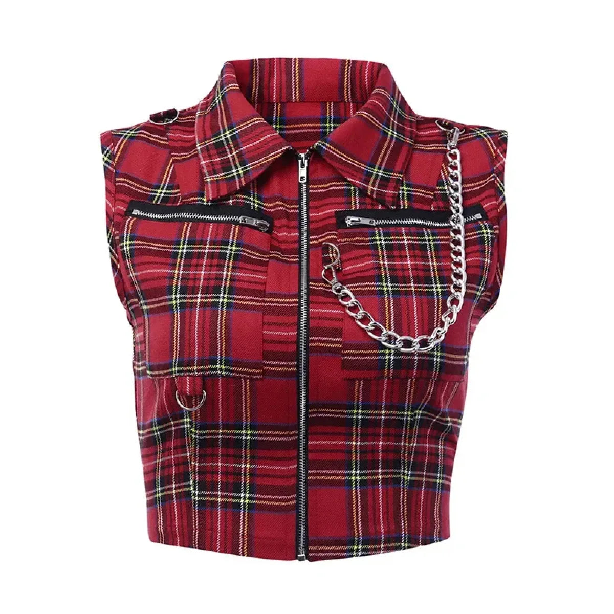 Plaid Punk Zipper Crop Top – Gothic Streetwear Chain Vest Top