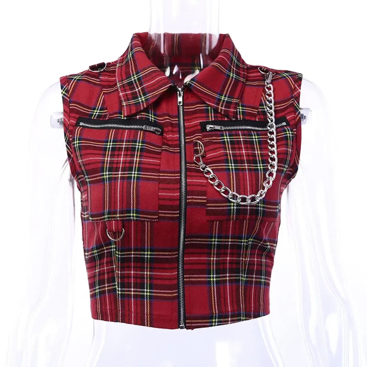 Plaid Punk Zipper Crop Top – Gothic Streetwear Chain Vest Top
