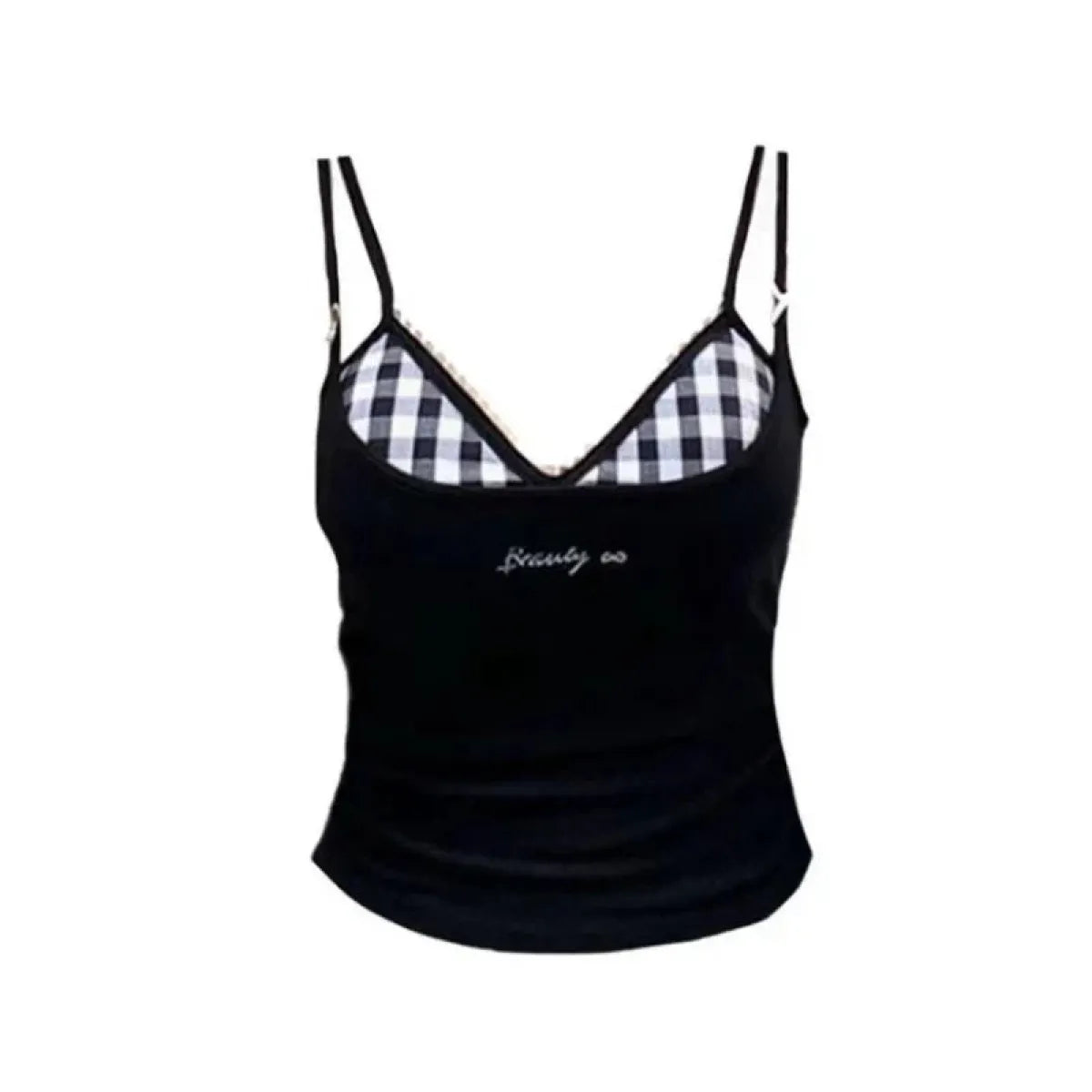 Plaid Y2K Layered Camisole – Retro Korean Aesthetic