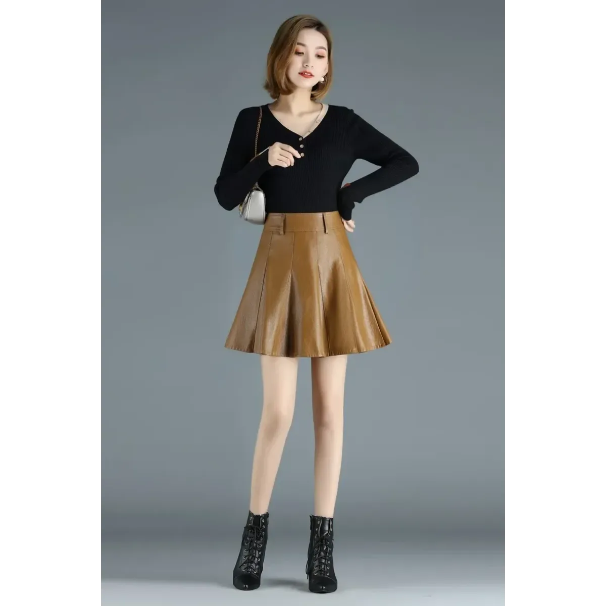High Waist Pleated Leather Skirt – Korean Style Mini Skirt