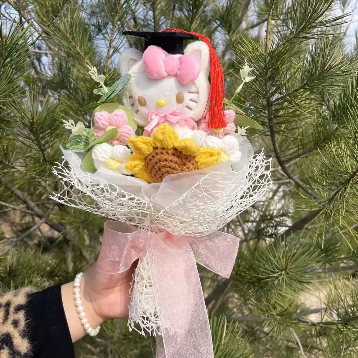 Kawaii Graduation Plush Bouquet – Cartoon Bear & Sunflower Gift Set