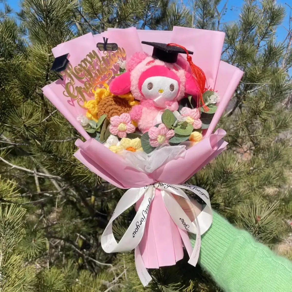 Kawaii Graduation Plush Bouquet – Cartoon Bear & Sunflower Gift Set