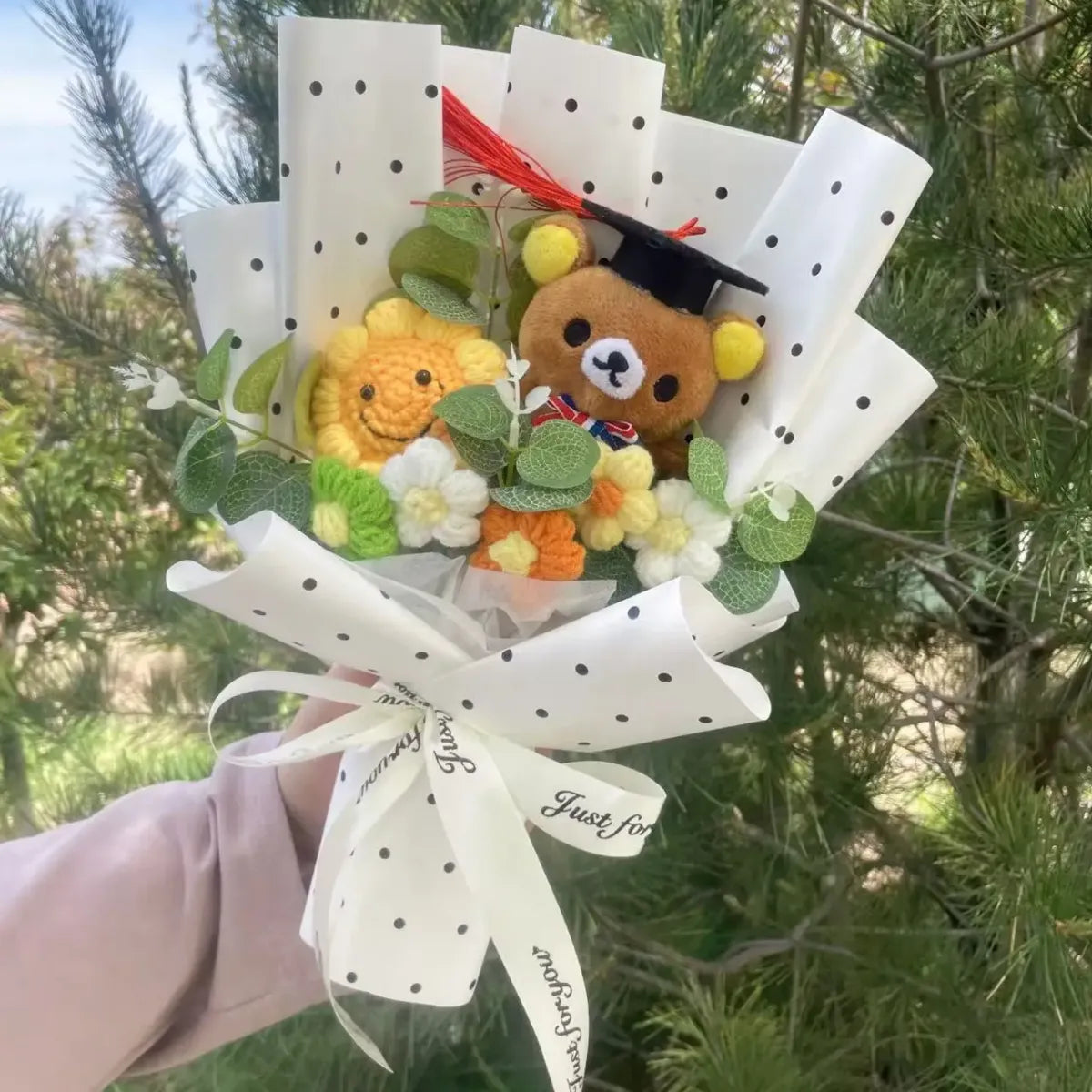 Kawaii Graduation Plush Bouquet – Cartoon Bear & Sunflower Gift Set