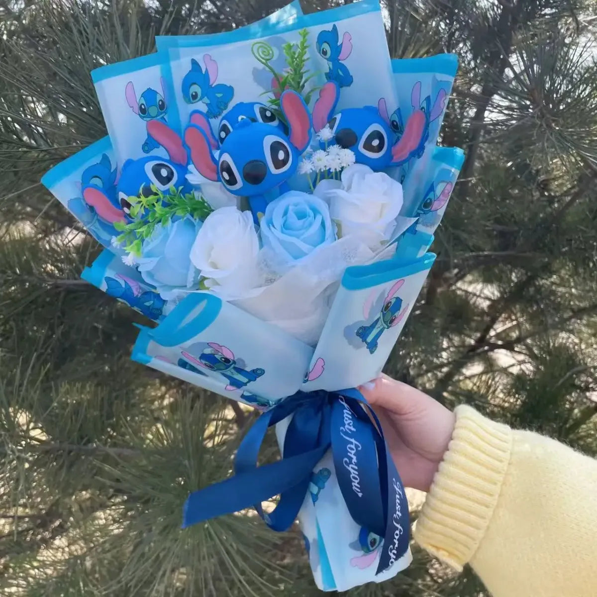 Kawaii Stitch Plush Bouquet – Blue Cartoon Action Figure Gift Set