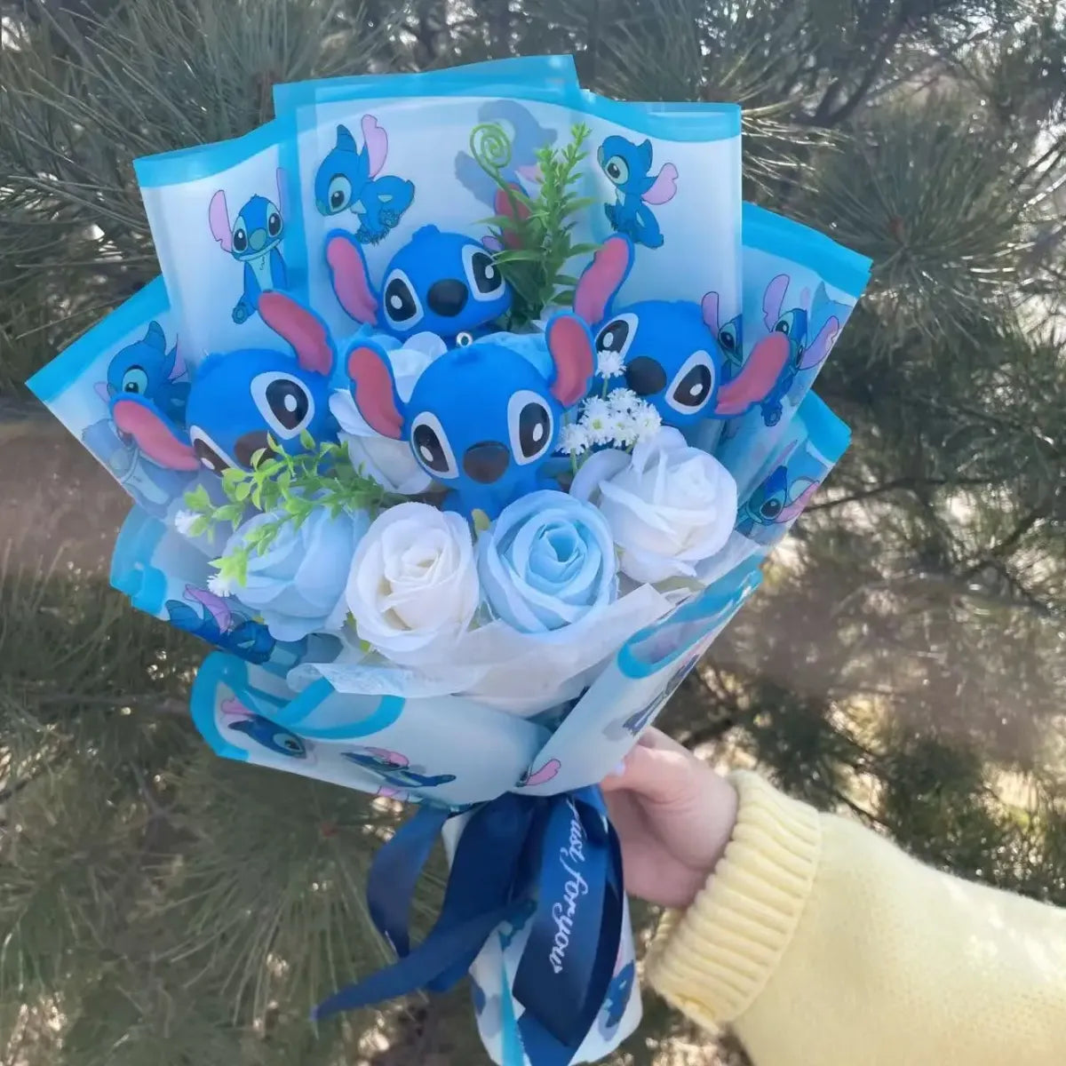 Kawaii Stitch Plush Bouquet – Blue Cartoon Action Figure Gift Set