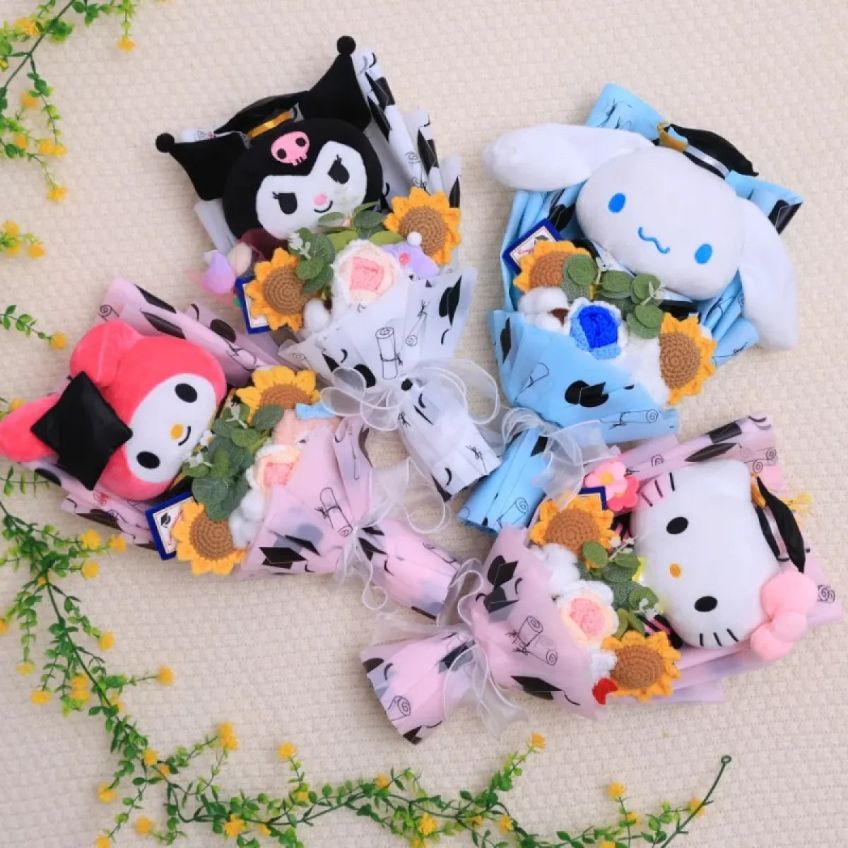 Kawaii Hello Kitty Graduation Plush Bouquet – Crochet Flowers Valentine Gift