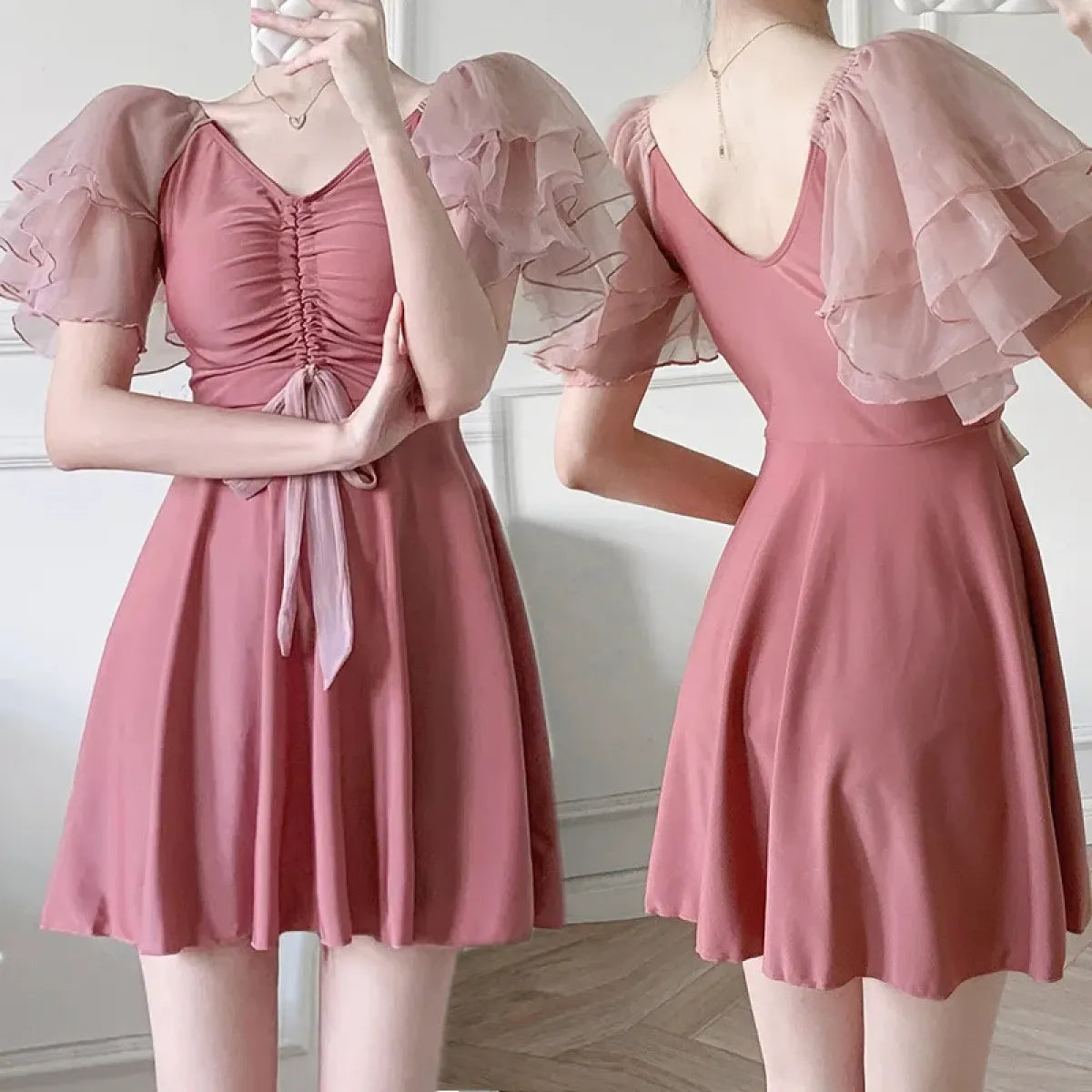 Puff Sleeve Drawstring Mini Dress – Sweet Kawaii Beachwear