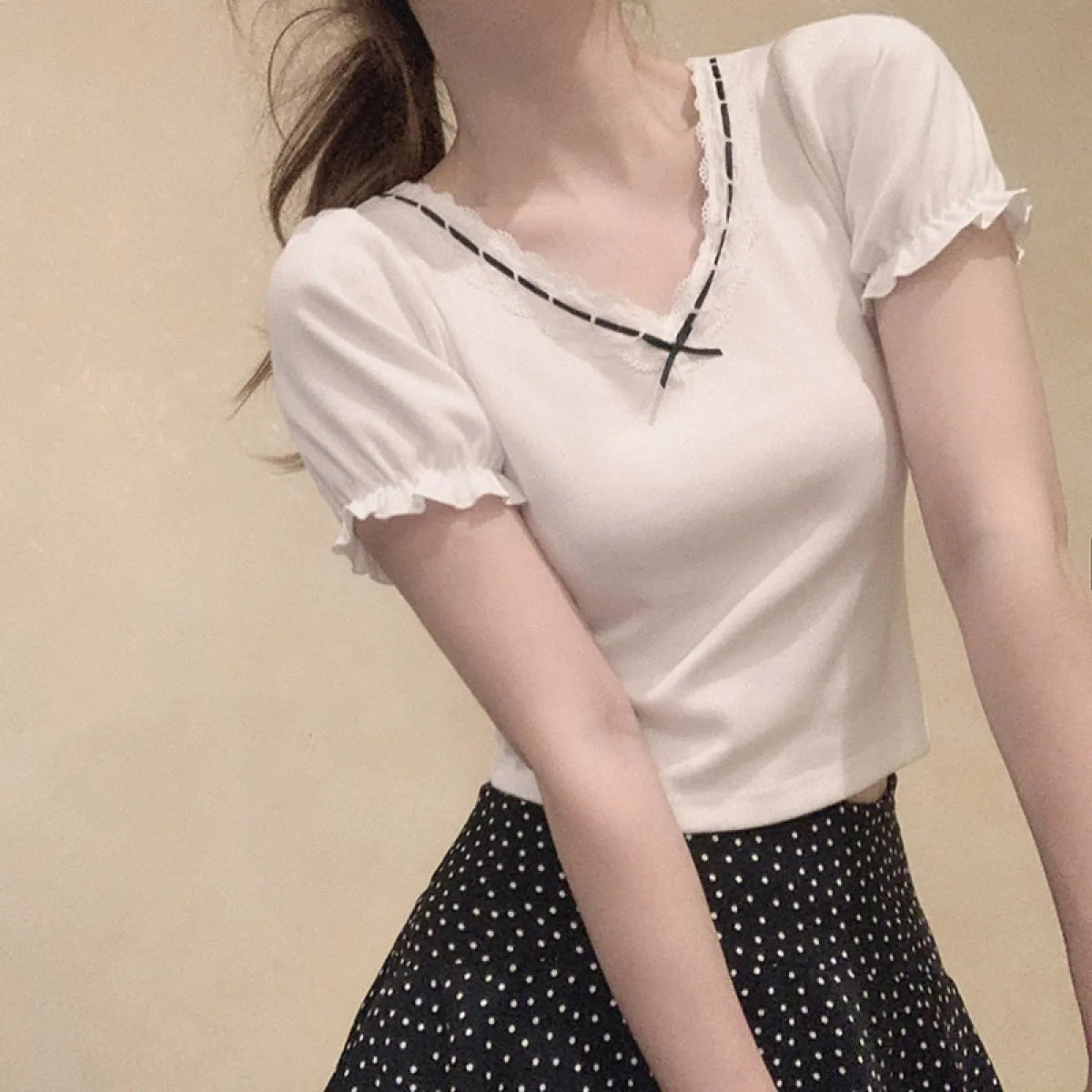 Ribbon Lace Trim Puff Sleeve T-Shirt