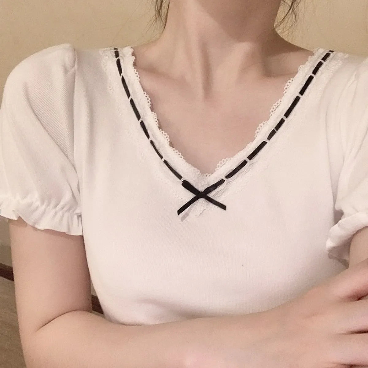 Ribbon Lace Trim Puff Sleeve T-Shirt