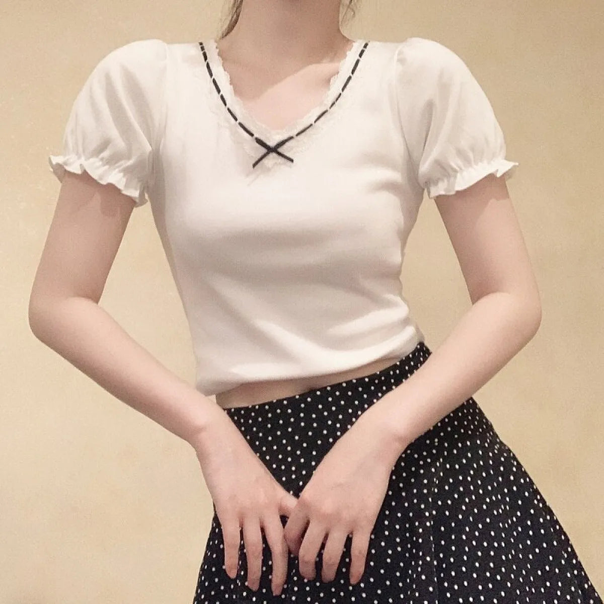 Ribbon Lace Trim Puff Sleeve T-Shirt