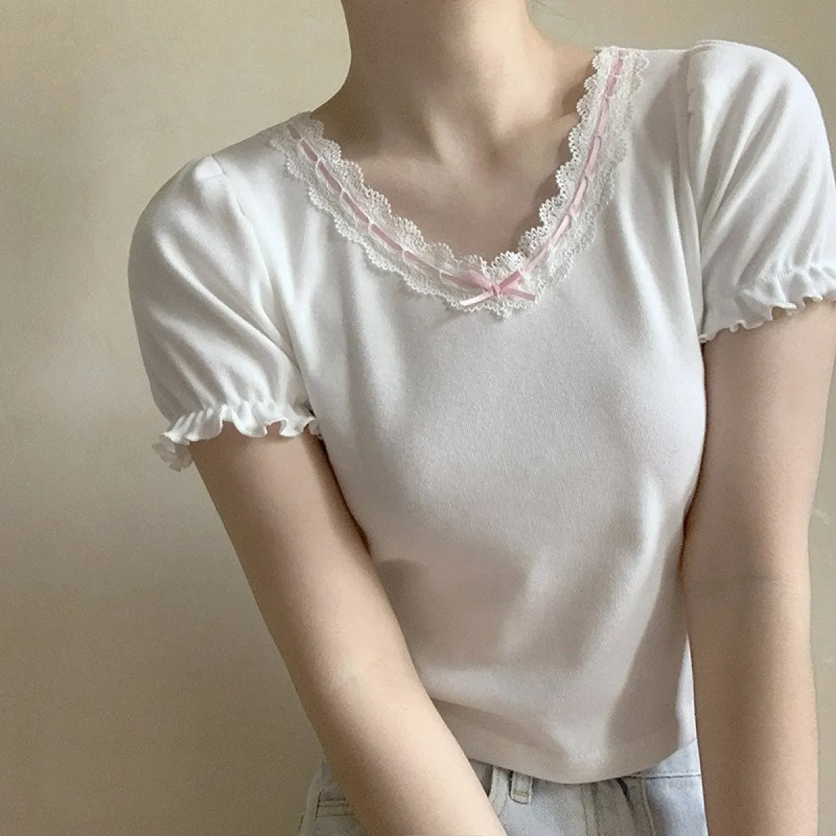 Ribbon Lace Trim Puff Sleeve T-Shirt