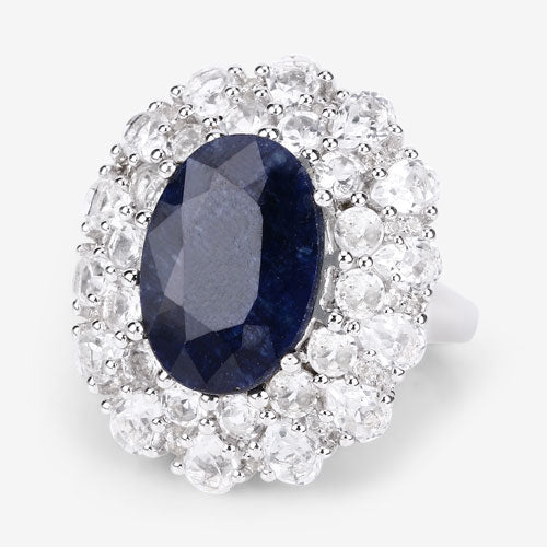10.64 Carat Dyed Sapphire and White Topaz .925 Sterling Silver Ring