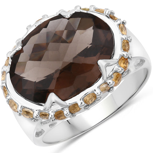 Two Tone Plated 9.58 Carat Genuine Smoky Quartz & Citrine .925 Sterling Silver Ring