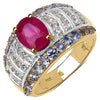 14K Yellow Gold Plated 3.02 Carat Genuine Ruby, Tanzanite & White Topaz .925 Sterling Silver Ring
