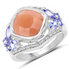 4.67 Carat Genuine Peach Moonstone and Tanzanite .925 Sterling Silver Ring