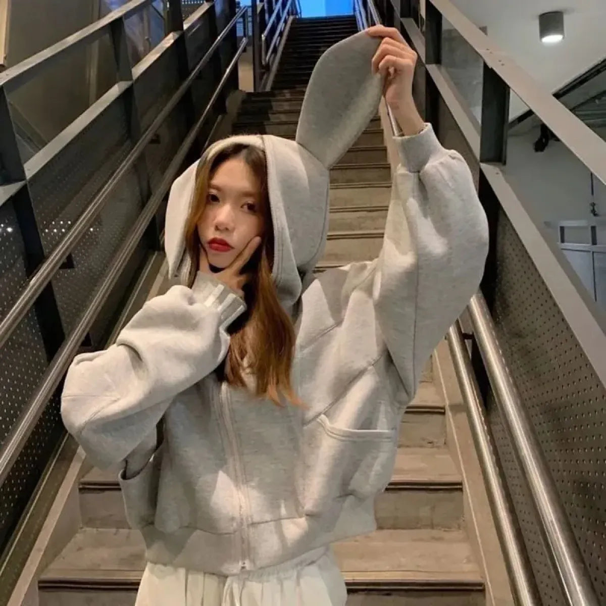 Rabbit Ear Zippered Hoodie - Women's Cute Short Top in Gray, Korean Preppy Style