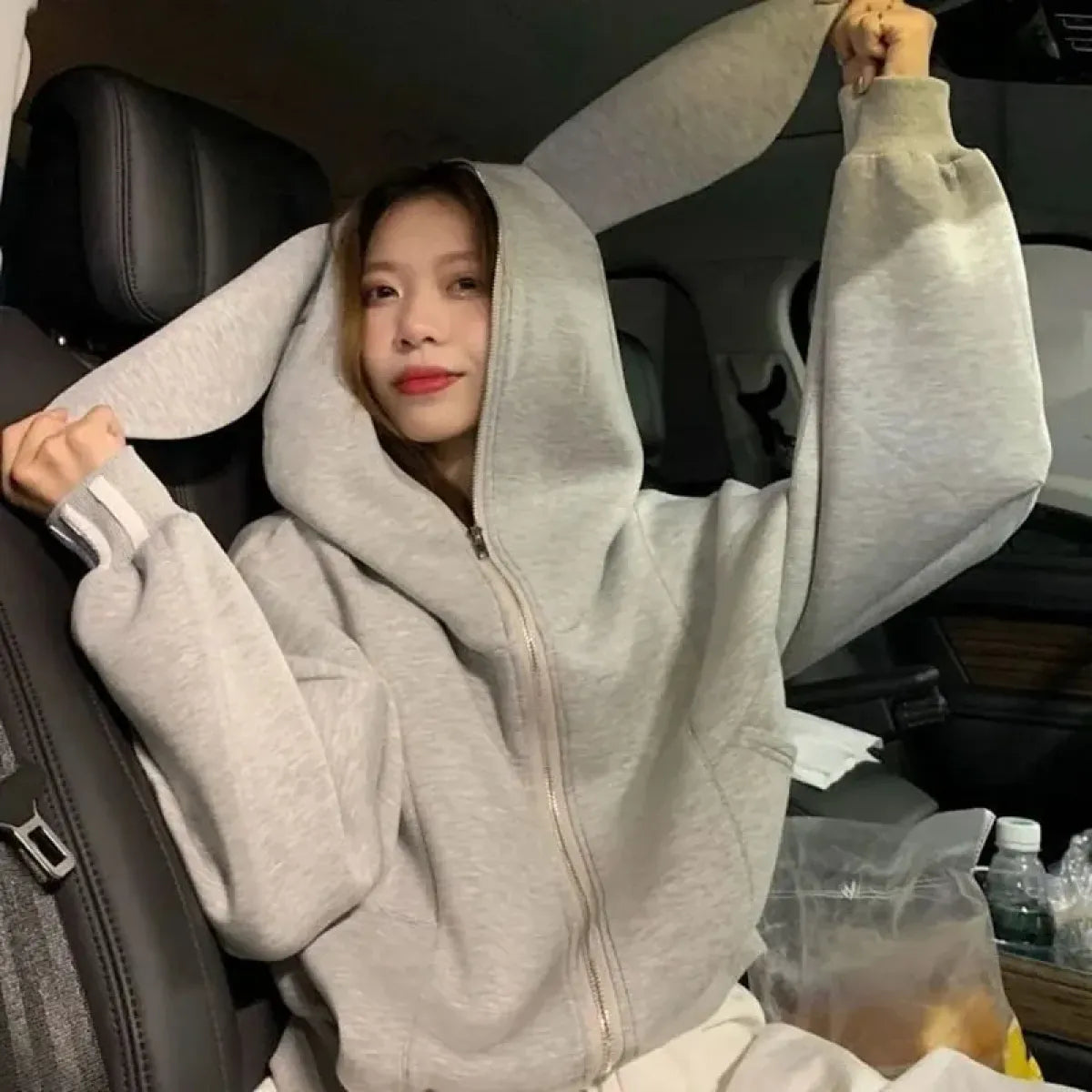 Rabbit Ear Zippered Hoodie - Women's Cute Short Top in Gray, Korean Preppy Style