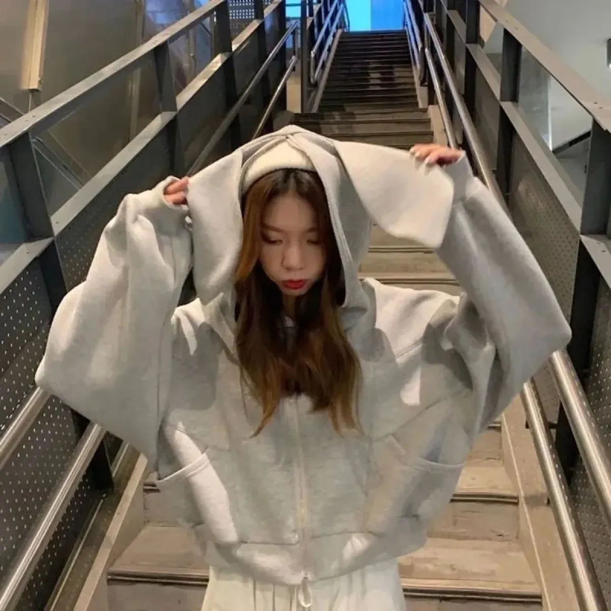 Rabbit Ear Zippered Hoodie - Women's Cute Short Top in Gray, Korean Preppy Style