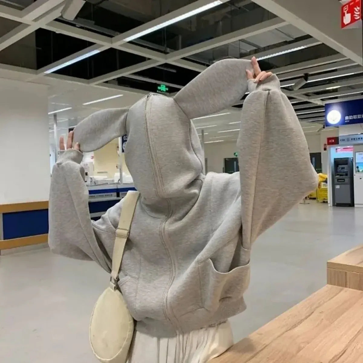 Rabbit Ear Zippered Hoodie - Women's Cute Short Top in Gray, Korean Preppy Style