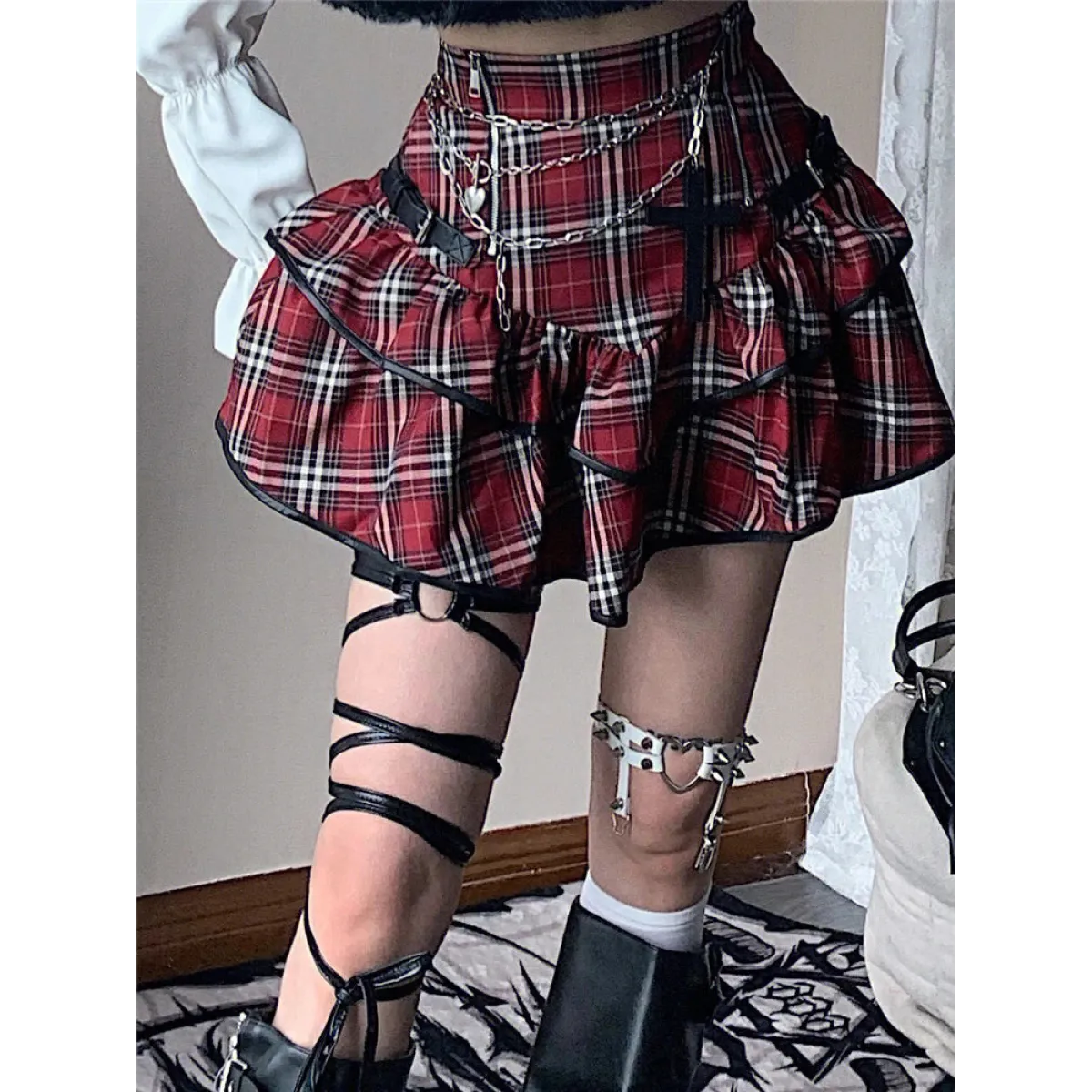 Red Plaid High Waist Skirt