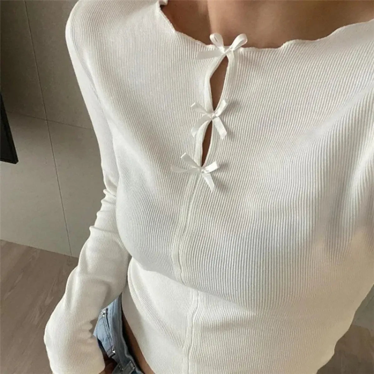 Ribbed Bow Tie Knit Top – Y2K E-Girl Slim Fit Long Sleeve Tee