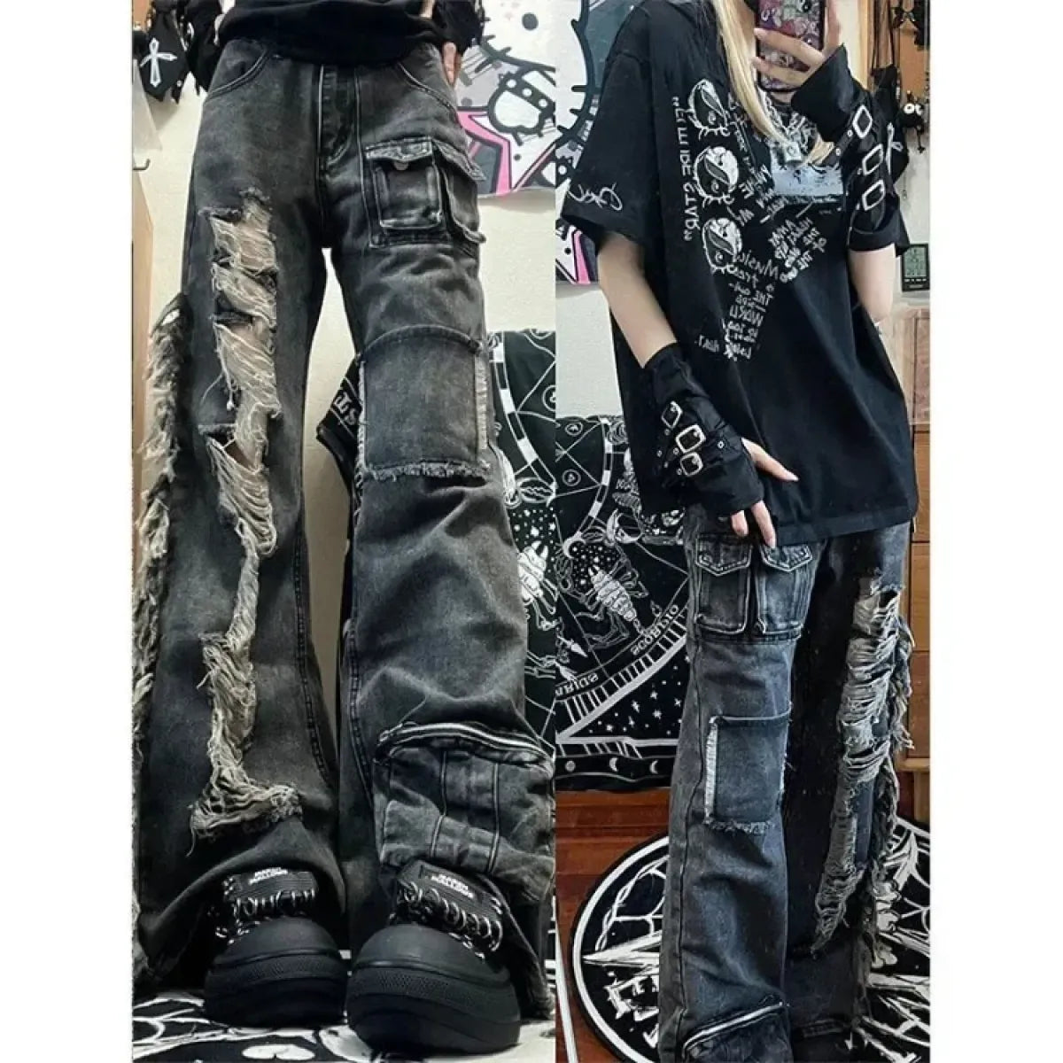 Ripped Cargo Jeans – Y2K E-Girl High Waist Streetwear Denim
