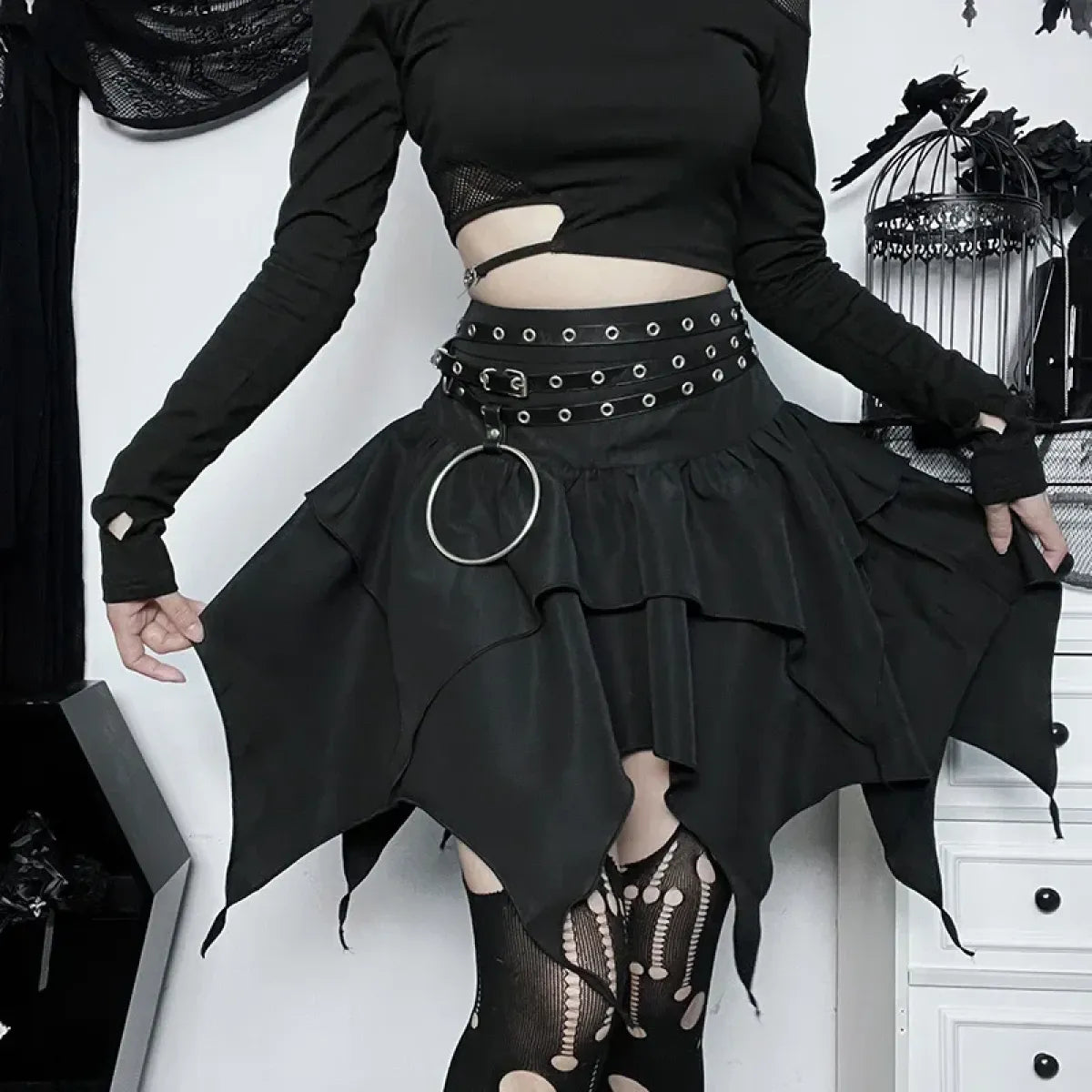 Gothic Punk Ruffle Skirt – Irregular Hem Drawstring Tie-Up Mini Skirt