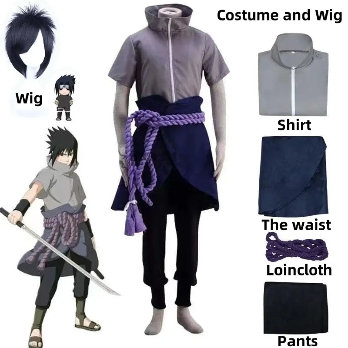 Sasuke Uchiha Cosplay Costume – Naruto Shippuden Outfit with Rope