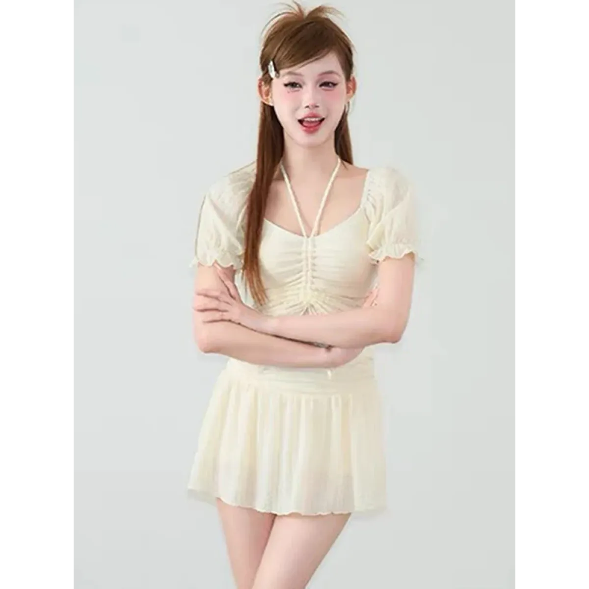 Ruffle Sleeve Bikini Set – Lace Trim Puff Top with Skirt Cover-Up