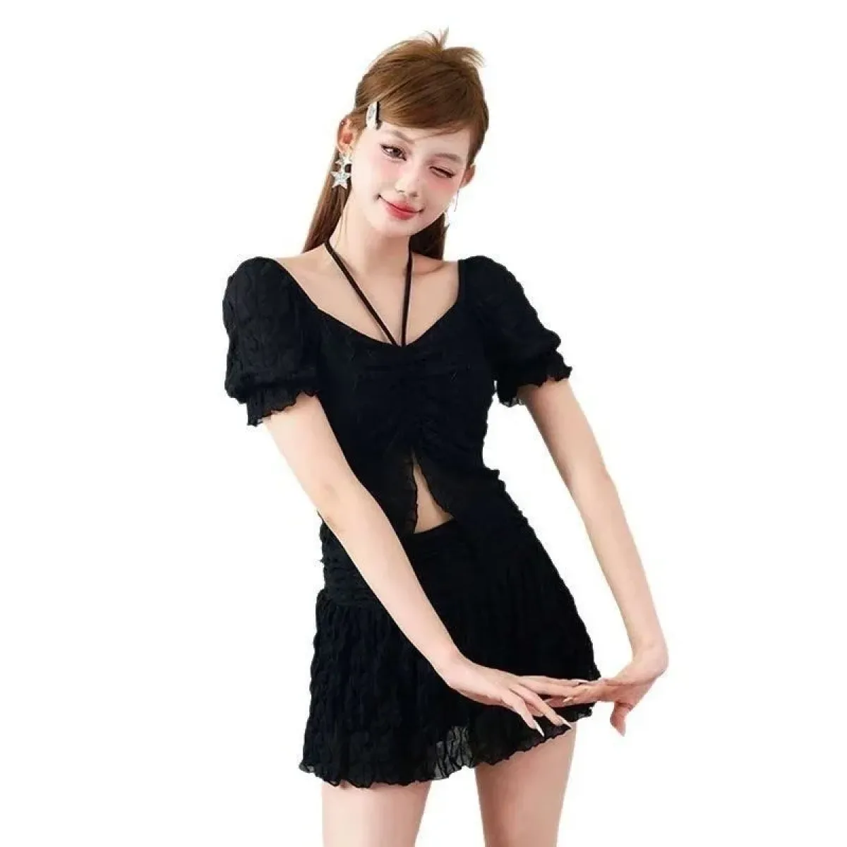 Ruffle Sleeve Bikini Set – Lace Trim Puff Top with Skirt Cover-Up