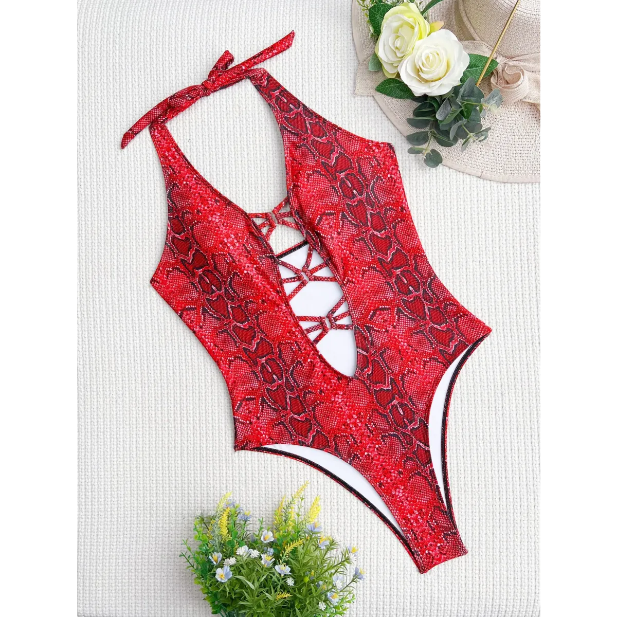 Snake Print Cutout One-Piece – Deep V Thong Swimwear