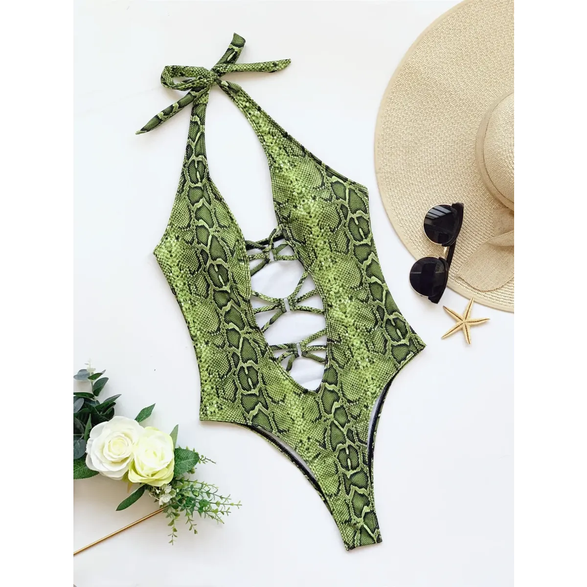 Snake Print Cutout One-Piece – Deep V Thong Swimwear