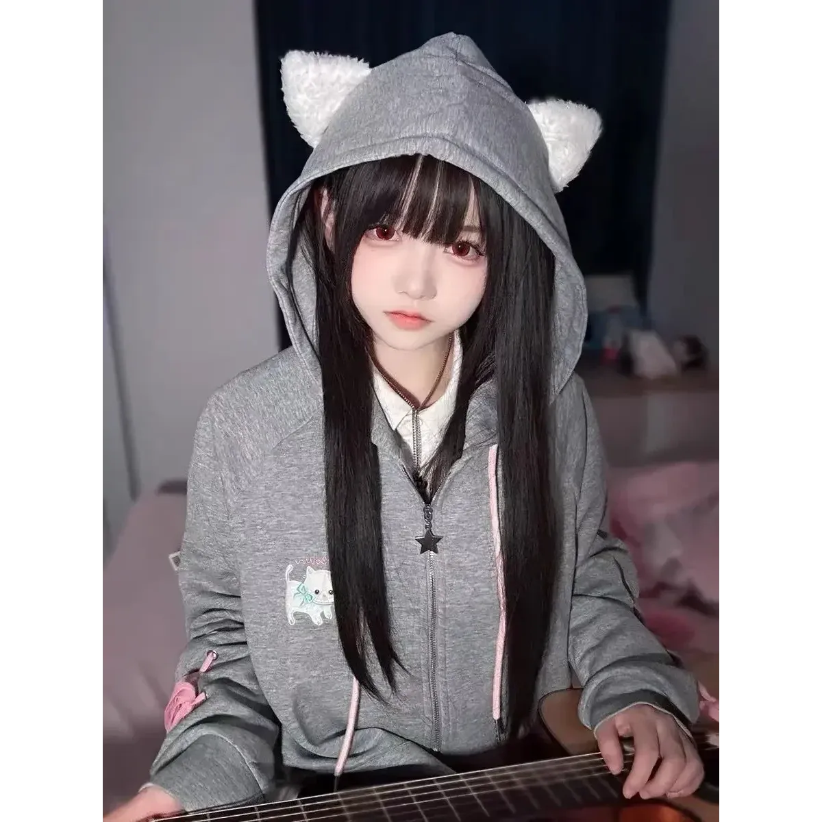 Soft Girl Cute Cat Embroidered Hoodie