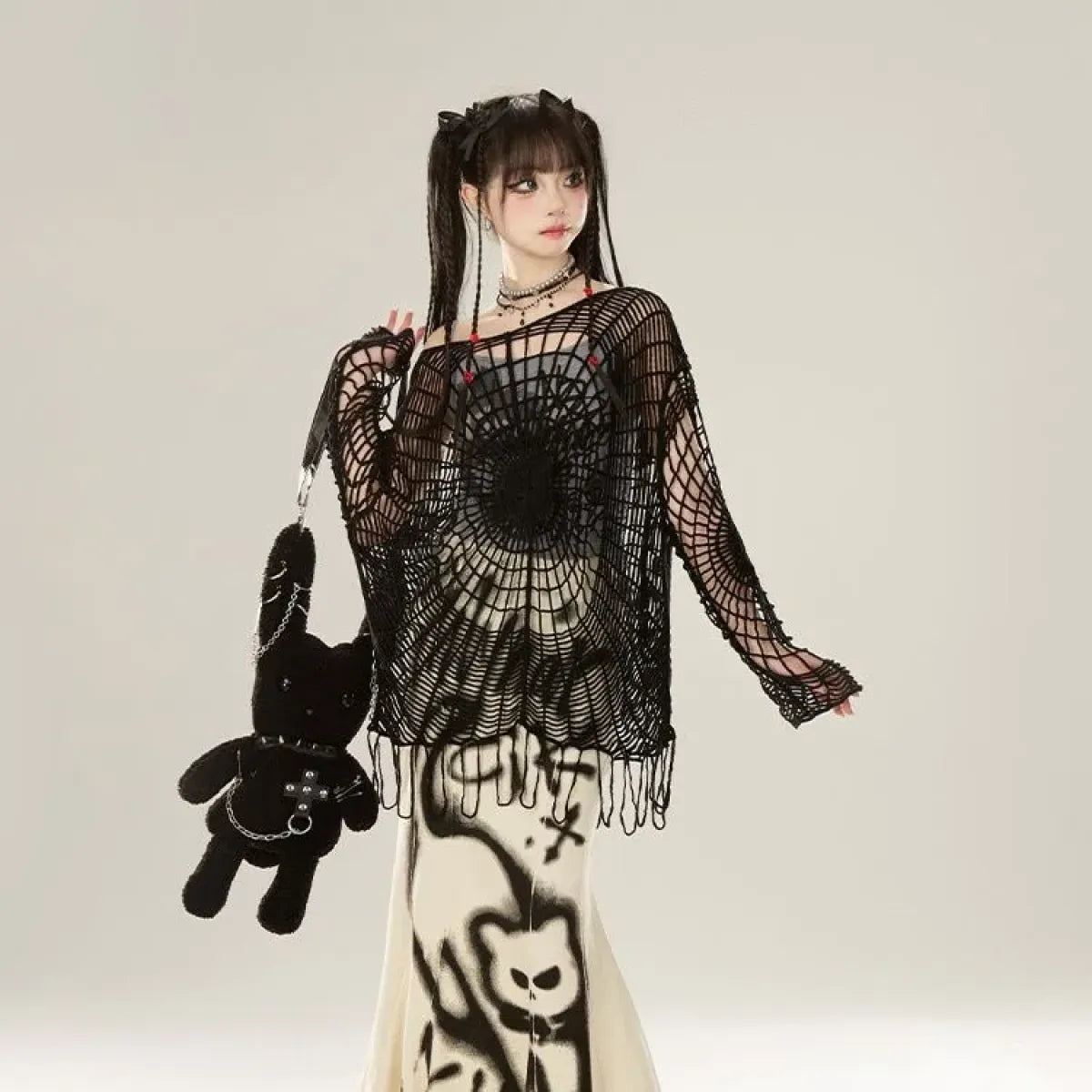 Spider Web Knit Sweater – Y2K Off Shoulder Grunge Pullover