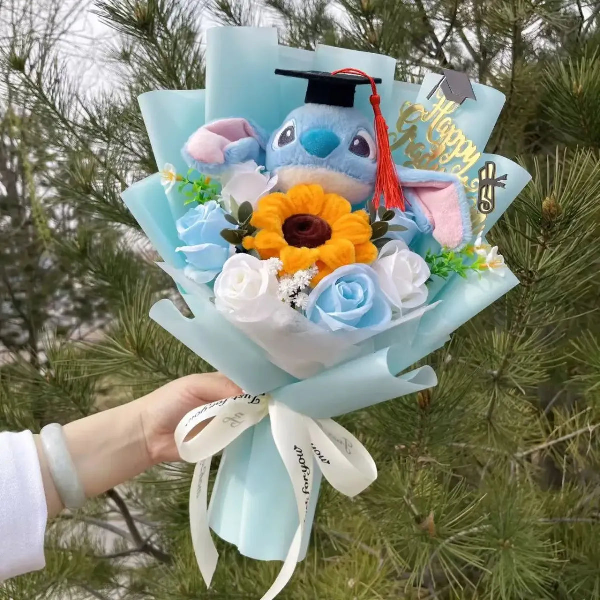 Kawaii Stitch Plush Bouquet – Crochet Flowers Graduation & Valentine Gift