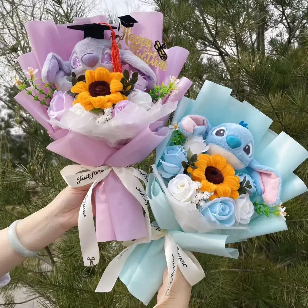 Kawaii Stitch Plush Bouquet – Crochet Flowers Graduation & Valentine Gift