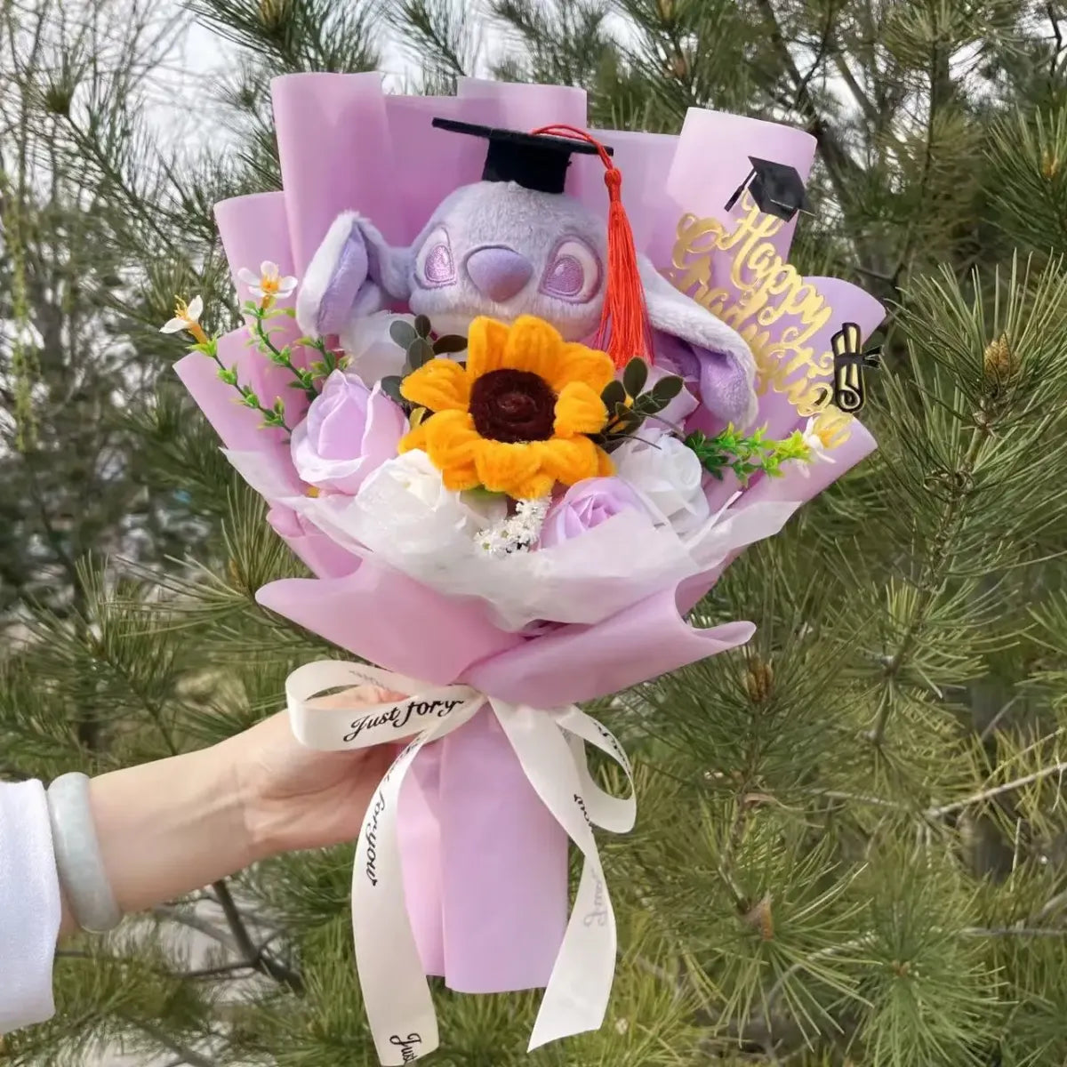 Kawaii Stitch Plush Bouquet – Crochet Flowers Graduation & Valentine Gift