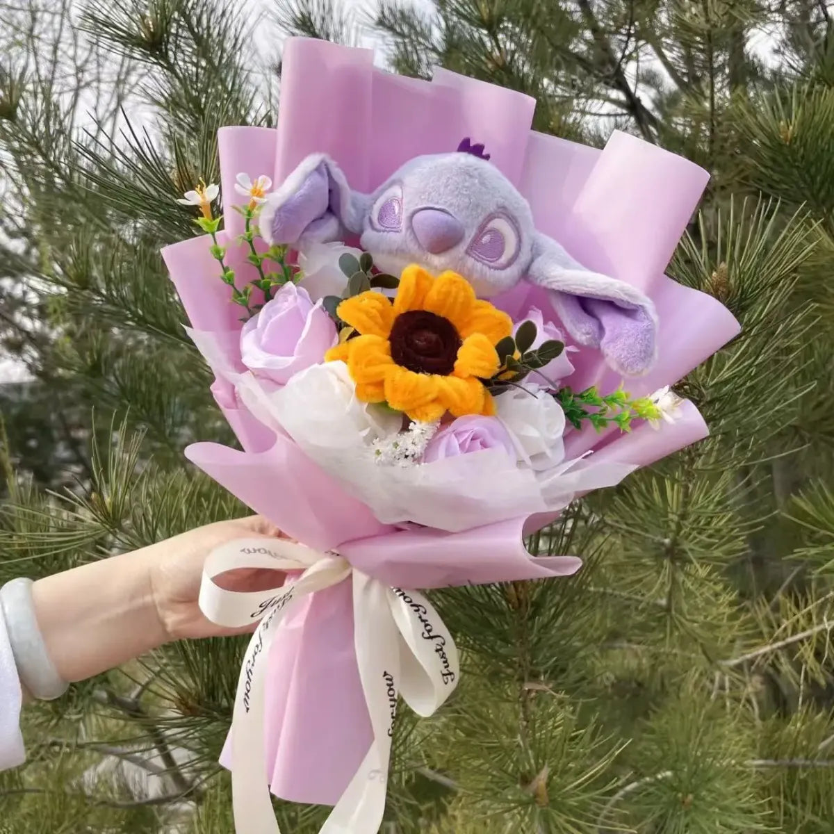 Kawaii Stitch Plush Bouquet – Crochet Flowers Graduation & Valentine Gift