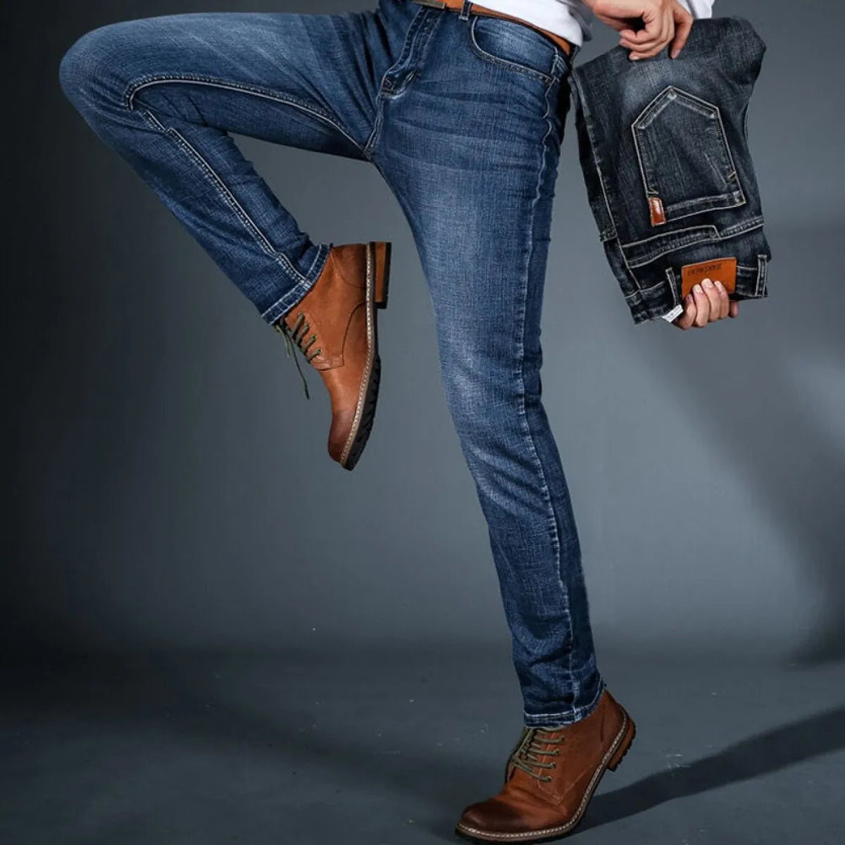 Straight Fit Elastic Denim Trousers