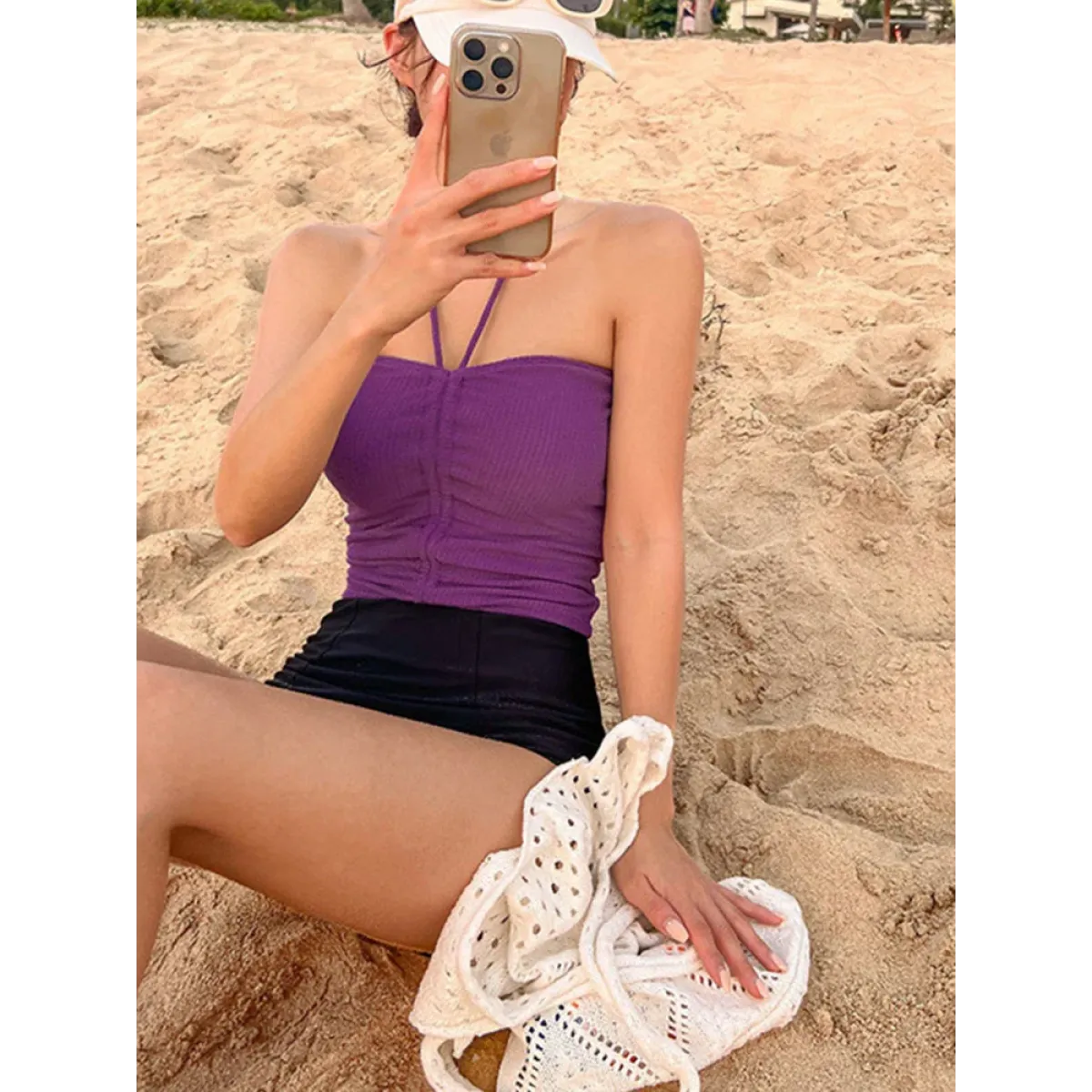 Strapless Bikini Set – High Waisted Black Contrast Lace Up Swimsuit