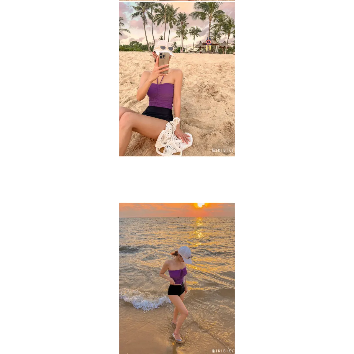 Strapless Bikini Set – High Waisted Black Contrast Lace Up Swimsuit