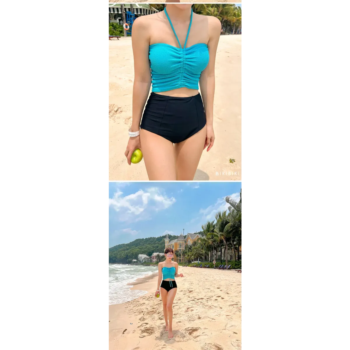 Strapless Bikini Set – High Waisted Black Contrast Lace Up Swimsuit