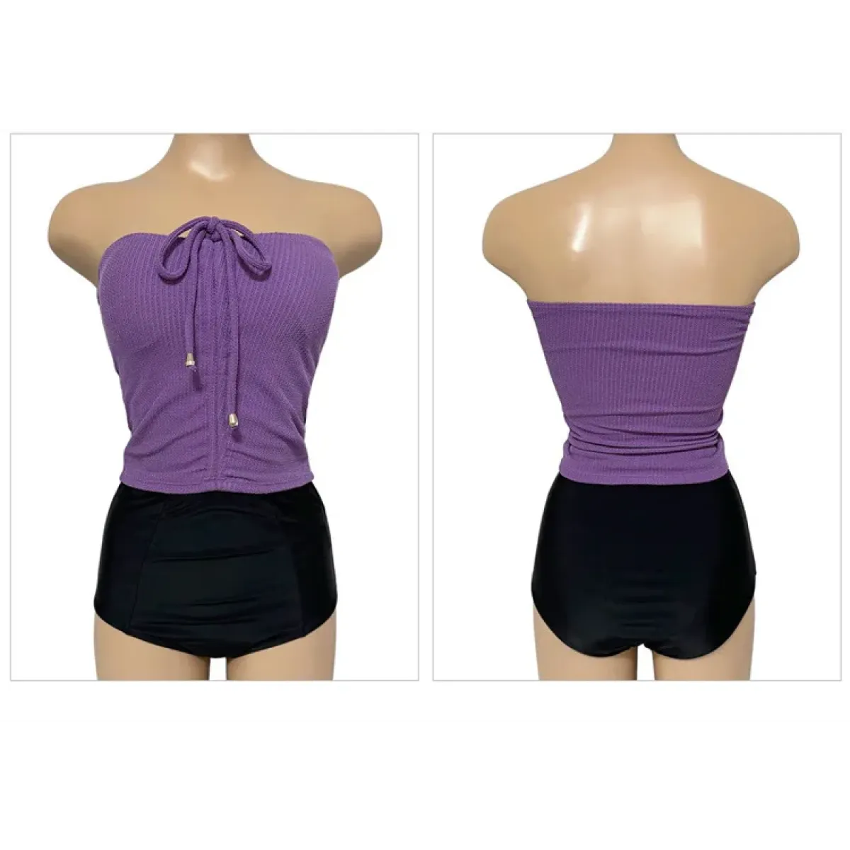 Strapless Bikini Set – High Waisted Black Contrast Lace Up Swimsuit