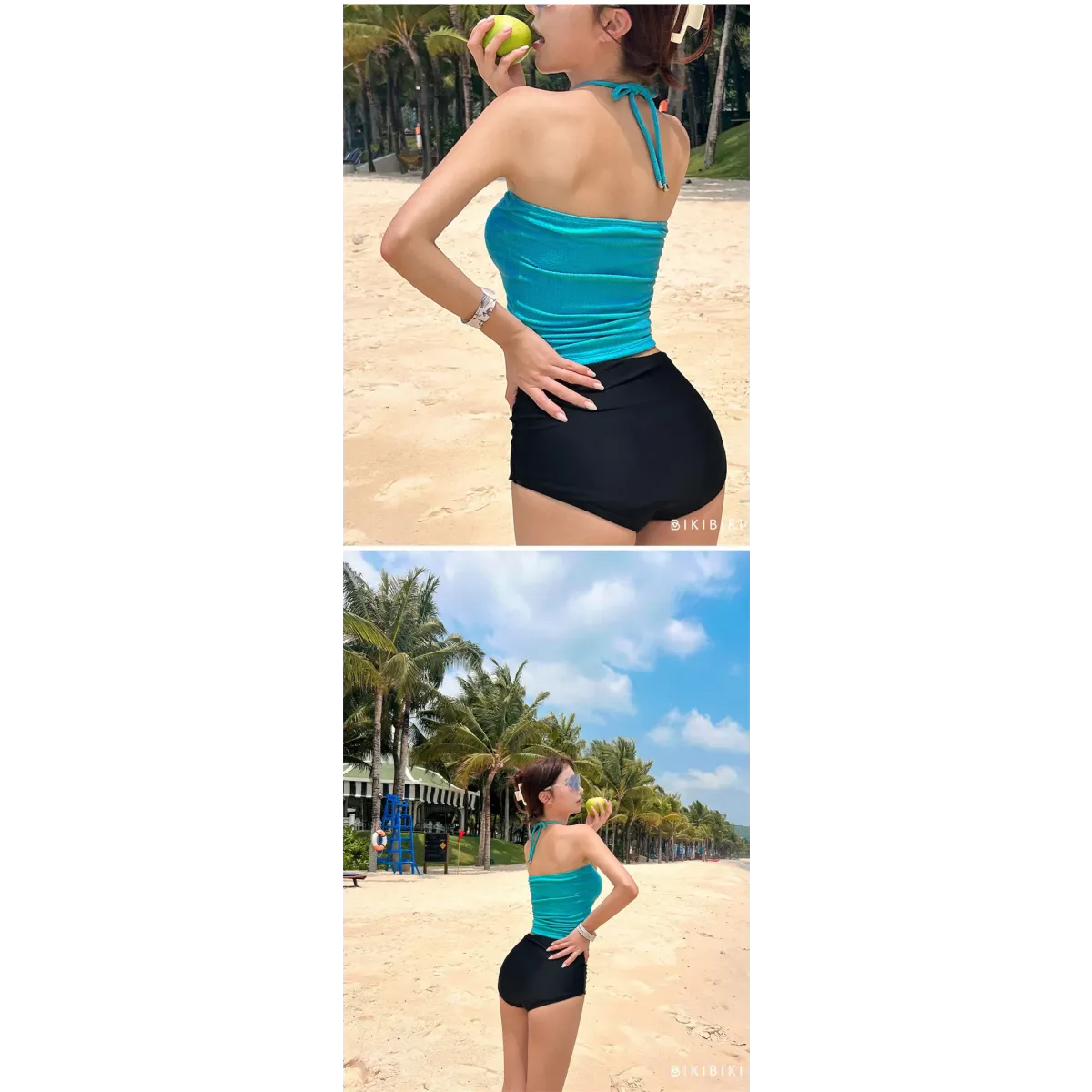 Strapless Bikini Set – High Waisted Black Contrast Lace Up Swimsuit