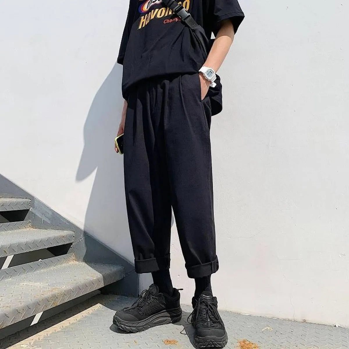 Men's Simple Loose Black Cotton Pants