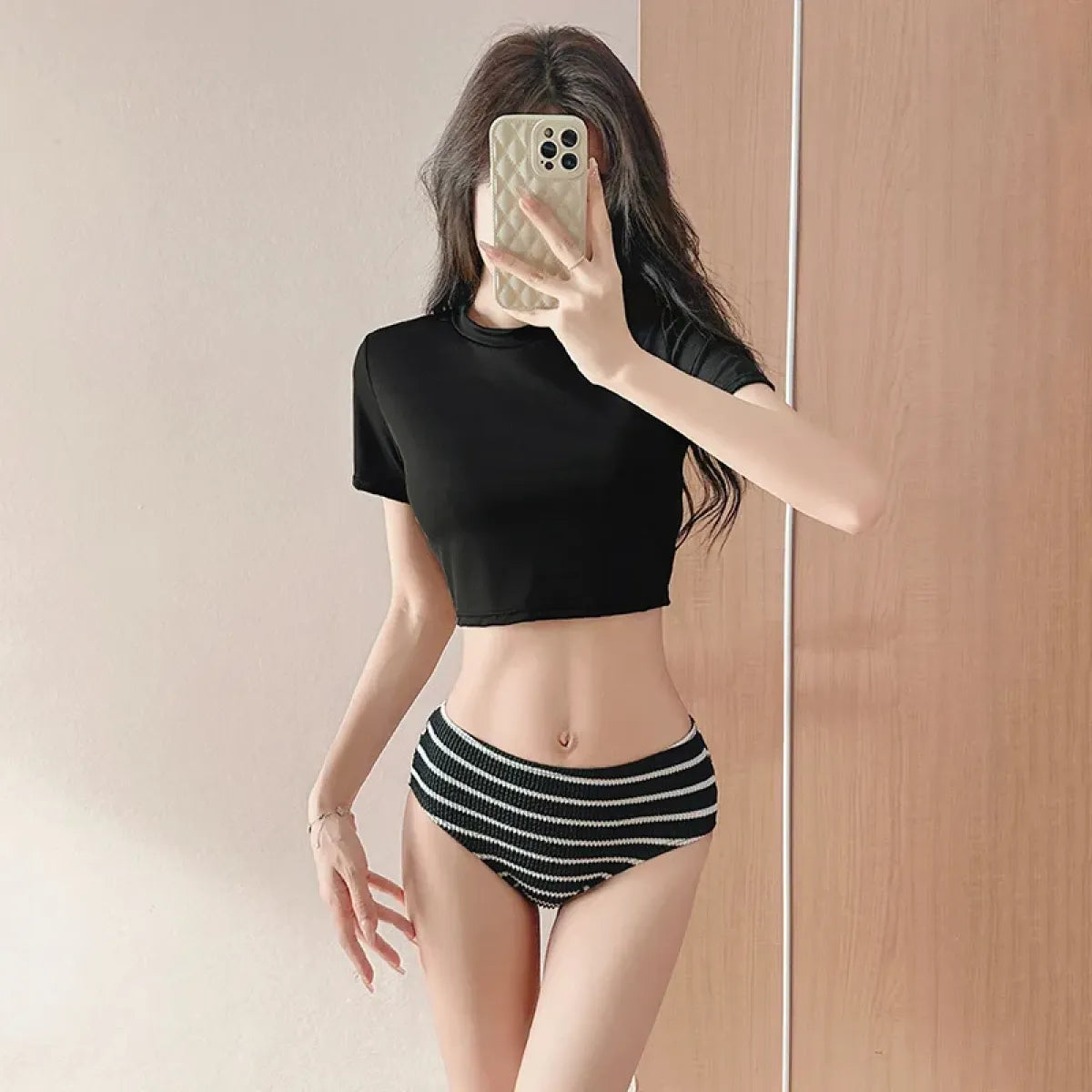 Striped Ribbed 3PC Bikini Set – Crop Top with High Waist Bottoms