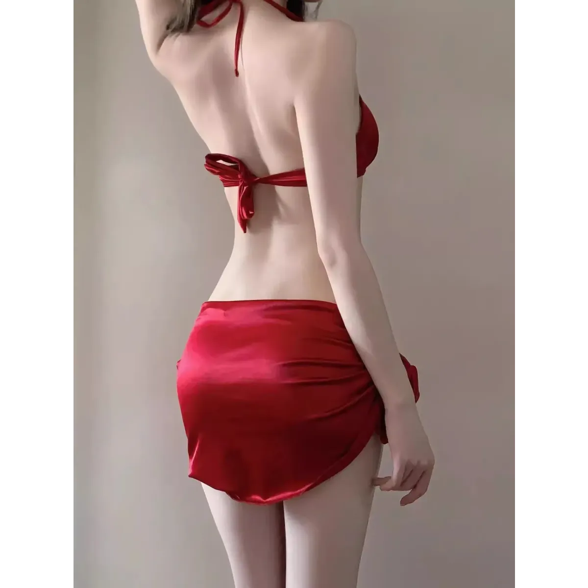 Satin Halter Bikini Set – Korean 3PCS Swimsuit with Skirt