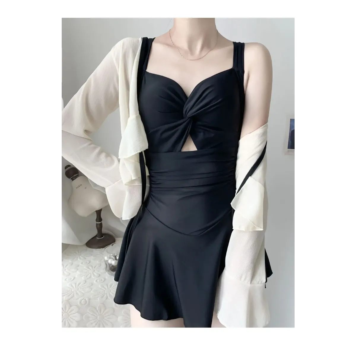 Pleated Cutout Swimsuit Dress – Korean Sexy Summer 2025 Swimwear